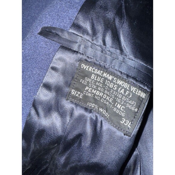 US AIR FORCE COAT MEN'S BLUE WOOL VELOUR OVERCOAT Vintage BLUE 1085 Sz 33L - Picture 4 of 6